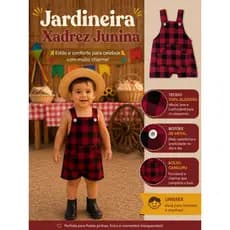 Macacão Jardineira Junino Xadrez  Festa Quadriculado  Bebê Infantil com Bolso Canguru