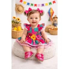 Romper Xadrez Quadriculado Junino Festa São João Junina em Estilo Patchwork com Flores em 3D aplicadas