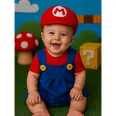 Super Mario Bros e Luigi  Fantasia Mesversario Macacão Conjunto Festa Infantil Bebê