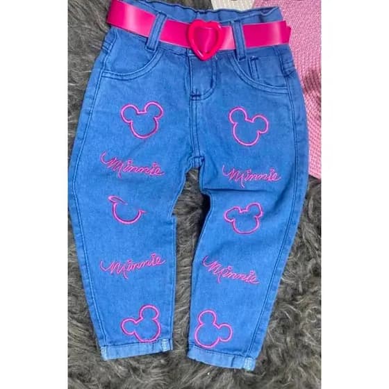 Calça Jeans Infantil Bordada Cerejinha, Minnei ou Corações Menina Infantil Blogueirinha