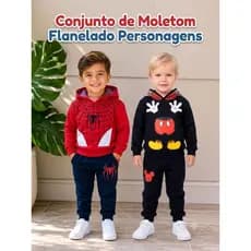 Conjunto Moletom Flanelado Infantil Menino Inverno Homem-Aranha, Mickey, Hulk Personagens Menino Luxo