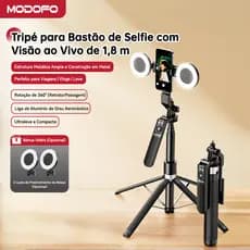 MODOFO Tripé Para Celular Profissional Com Ring Light Tripé Bastão Para Celular Portátil  180cm Com Controle Preto