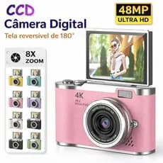câmera digital com zoom 4k ccd 8x, adequada para fotografia estudantil,  tela flip selfie de 180°  FUSHANG