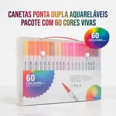 Kit 60 Cores Caneta 2 em 1 Brush Lettering e Ponta Fina Dual Pen Canetinha Colorir Desenho