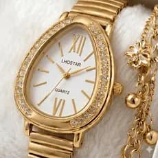 Kit Conjunto Relógio Feminino Dourado Ajustável Gota Serpenti com Pulseira Elegante Folheado Presente Feminino Luxo