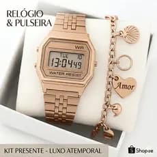 Kit Relógio Digital Feminino Led Retrô Vintage Metal Quadrado + Pulseira Elegante Conjunto Luxo