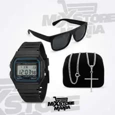 Kit Masculino Relógio Digital Retrô Vintage + Óculos de Sol Quadrado + Corrente com Pingente Cruz (Prata ou Dourado)