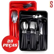 Jogo de Talheres 25 Peças Aço Inox com Porta-Talheres  Vermelho e Preto Completo para Mesa e Cozinha