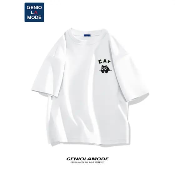 GENIOLAMODE Camiseta de manga curta masculina 25 verão fino gatinho impresso algodão puro esportes respirável solto meia