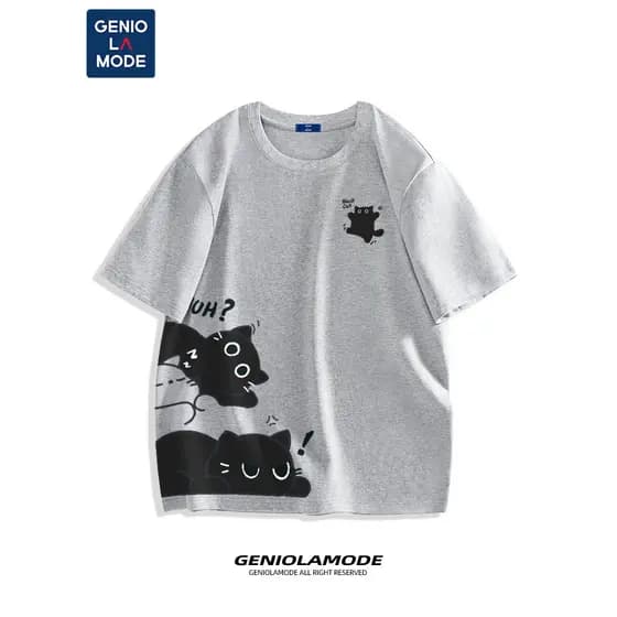 Genilamo GENIOLAMODE Camiseta masculina cinza de manga curta verão puro algodão gato jovem meia manga