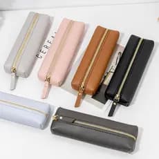 Bolsa Casual de Couro PU Cor Sólida Grande Capacidade Estojo de Lápis Macio com Zíper