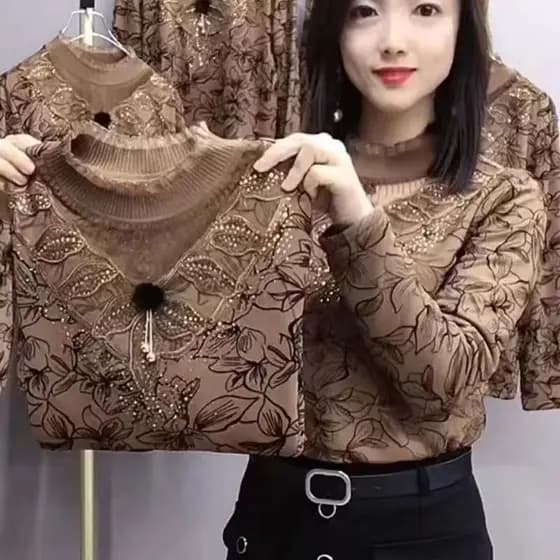 Camisa Feminina de Manga Longa com Forro de Lã para Primavera e Outono 2023, Moda para Jovens e Mulheres de Meia-Idade U