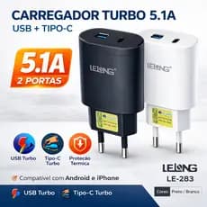 Fonte Carregador Tipo C Usb 2 Entradas 5.1a Turbo Universal LE-283