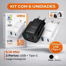 Kit 6 Fonte Carregador Tipo C Usb 2 Entradas 5.1a Turbo Universal LE-283