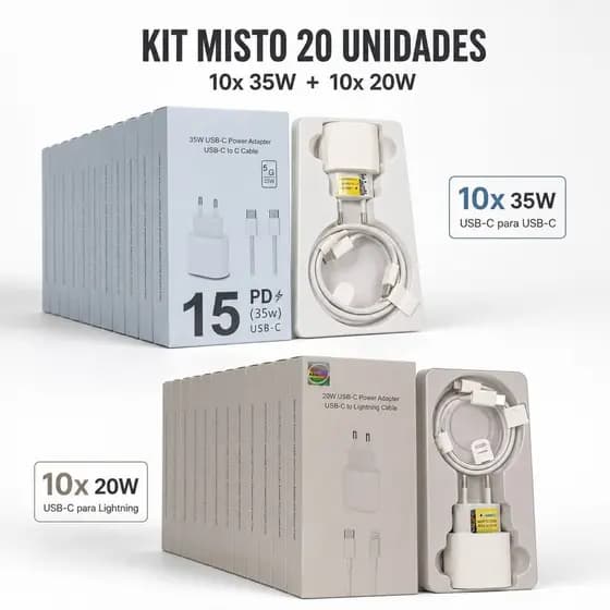 Atacado Kit 20 Carregadores Turbo Fonte+Cabo Escolha 35W Tipo-C ou 20W Lightning