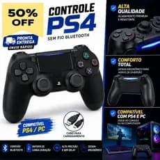 Novo Controle Sem Fio para PS4, Joystick Recarregável Compatível com PS4, PC Gamer e Smart TV - Preto