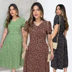 Vestido Midi Estampado Floral com Decote V Bolso Usual Manga Princesa Feminina