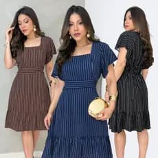 Vestido Curto Listrado Elegante Manga Solta Feminino Casual Para Jantar Evento Ocasião Especial