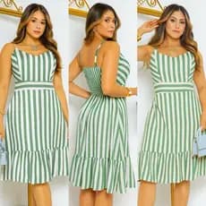 Vestido Curto Feminino com Alça Regulável Listra Verde Escuro Estampa Floral Liso Moda Verão