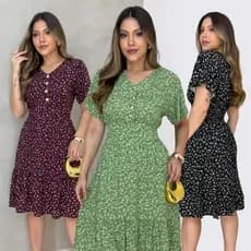 Vestido Curto Estampado Floral com Botões Funcionais Manga Soltinha Casual Elegante