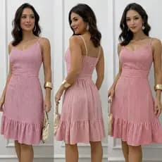 Vestido Curto Feminino com Reguladores nas Alças Listra Rosa Estampa Floral Liso Moda Verão