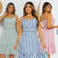 Vestido Curto Feminino com Alça Regulável Listra Azul Escuro Estampa Floral Liso Moda Verão