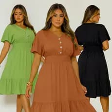 Vestido Curto Liso com Botões Funcionais Feminino Possui Forro Lastex nas Costas