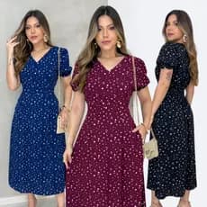 Vestido Feminino Midi com Estampa Floral Gola em V Bolso Usual Manga Princesa Casual Elegante
