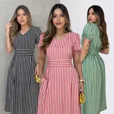 Vestido Midi Feminino Listrado com Decote V Bolso Usual Manga Princesa Elegante Confortavel