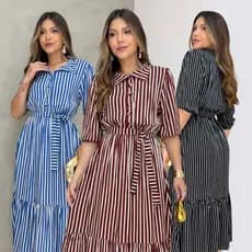 Vestido Midi Evangélico Listrado com Botões e Manga 3/4 Acompanha Laço Elegante Confortavel