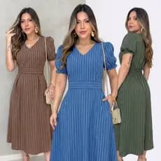 Vestido Midi Listrado com Gola em V Bolso Usual Manga Princesa Elegante Confortavel Feminino