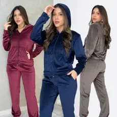 Conjunto Plush Veludo Agasalho e Calça com Bolso Usual Capuz Ziper Quentinho Confortavel Feminino