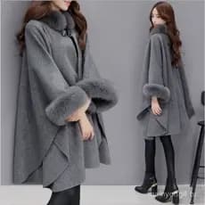 Outono inverno estilo gola grande casaco de lã de comprimento médio elegante manto xale Hepburn estilo lã Plus Size casa