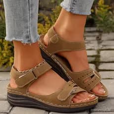Cross-Border novo estilo verão senhoras cunha salto grosso-sola sandálias casuais cor sólida Velcro cinta sandálias fabr