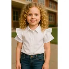 Camisa Infantil Branca com Babado – Blusa Menina Social Elegante Manga Curta Algodão Premium Escola Passeio