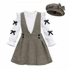 Salopete Infantil Xadrez Rosa com Boina Conjunto Menina 2 a 8 anos Vestido Jardineira Moda Outono Inverno