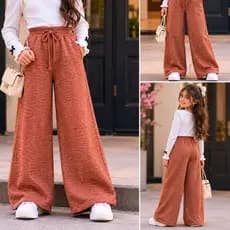 Calça Pantalona Infantil Inverno Canelada Quentinha Wide Leg Com Cordão Menina