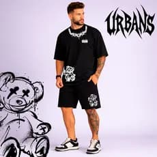 conjunto Streetwear URBANS Oversized camiseta 30.1 Algodão + short moletom Estampa Teddy Grafite Moda Urbana