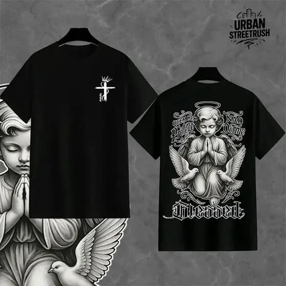 LANÇAMENTO: Camiseta Streetwear "Anjo BLESSED" - 30.1 Algodão, Estampa Elegante e Visual Imponente