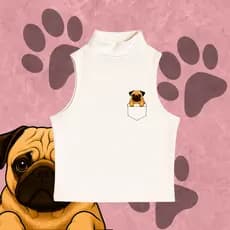 Blusa Feminina Cropped Canelado Gola Alta estampado PUG&CAT Tamanhos Plus size P ao G1