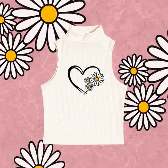 Cropped Canelado Estampado Coração Margarida Gola Alta Feminino Básico e Versátil - Tamanho Plus size do P ao G1