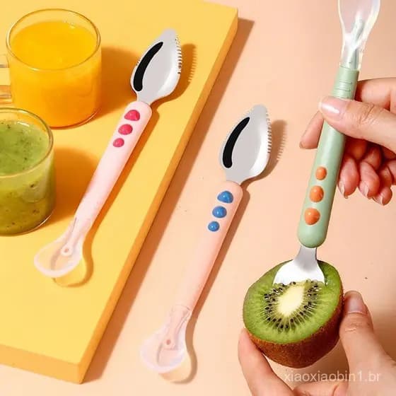 Raspador de Frutas Adequado para Bebês Colher de Purê de Aço Inoxidável Cabeça Dupla Silicone de Grau Alimentício Suplem