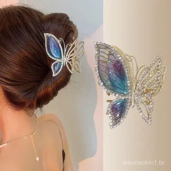 Moda Coreana Cheio De Diamante Âmbar Borboleta Hairpin High-end Senhoras Cristal Grab Clip Chapelaria