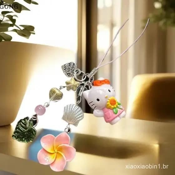 [BI] Bonito Sanrio Hello Kitty Telefone Corrente Cordão KT Plumeria Chaveiro Pingente Menina Ccd Câmera Charme Acessório