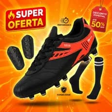 Chuteira Campo Profisional Couro 100% Legítimo + Caneleira + Meião Costurada R416-03
