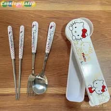 (Cassiopeiahg) Conjunto De Pauzinhos E Colher Bonitos De Desenho Animado Hello Kitty De Aço Inoxidável Para Estudantes ,