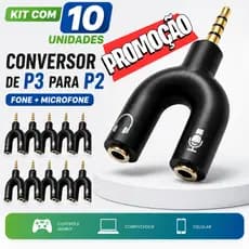 Kit 10 Adaptadores Fone Microfone P2 para P3 Headset Headphone Áudio Splitter PC