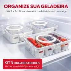 Kit 3 Organizador de Geladeira Acrílico Hermético 4 Divisórias Alça Tampa Frutas Legumes Multiuso