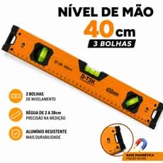 Nível de Mão Magnetico em Alumínio 40cm 3 Bolhas de precisão 16 polegadas