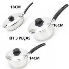 Conjunto 3 Peças: 2 Caçarolas (14 e 16) com Cabo e Frigideira 18 -Kit de Panelas Essenciais para Cozinha
